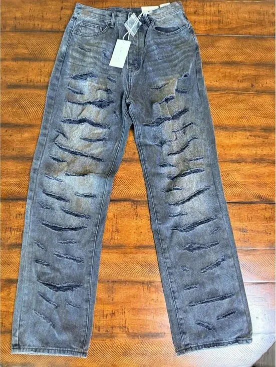 MNML Men's Ultra Baggy Thrashed Denim Jeans - Black Size 42 - Picture 2 of 6